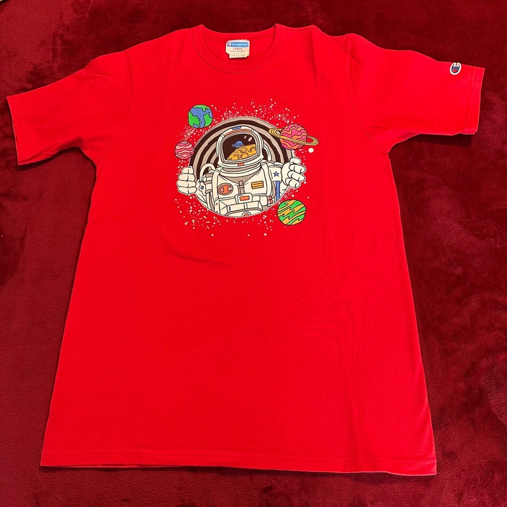 Champion Mens Red Astronaut Space Graphic T-Shirt Large Cotton Short Sleeve